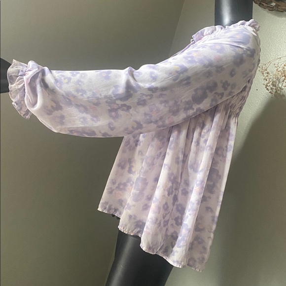 Entro Light Pastel Purple & Pink Floral Sheer Sleeve Blouse Top - Picture 7 of 15
